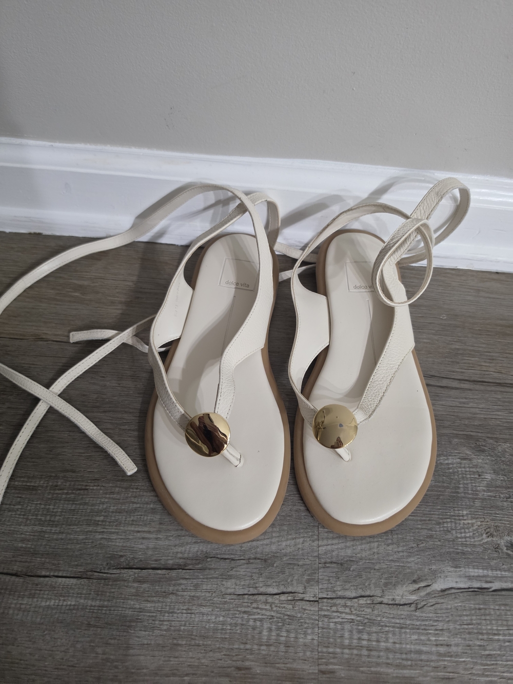 Dolce Vita Cream Lace-Up Thong Sandals with Gold Disc